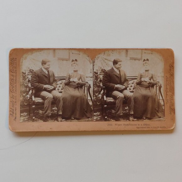 ANTIQUE STEREOGRAPH VIEW CARD COURTING COUPLE "Where bashfulness is a crime" - Picture 1 of 5